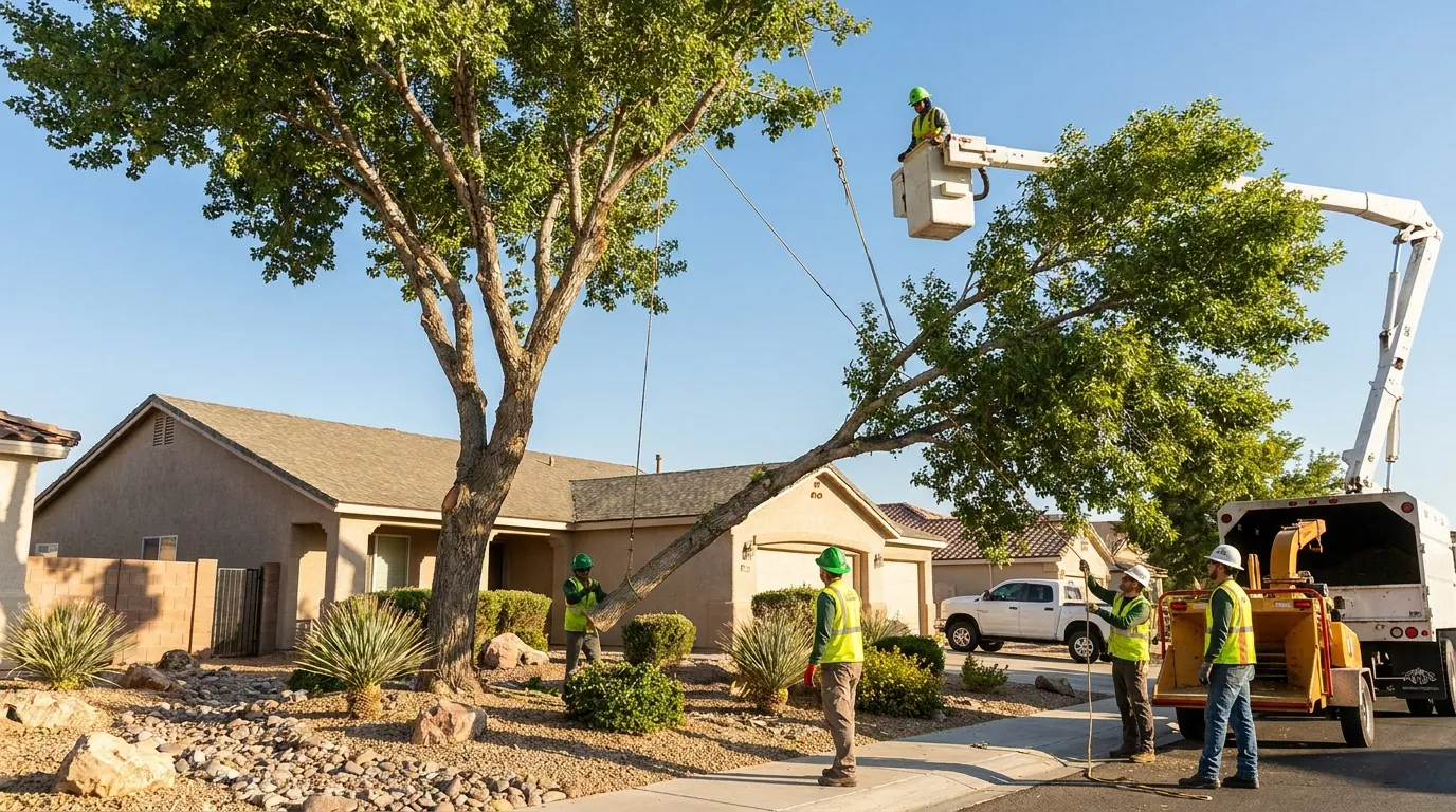 Tree crew removing a large tree from a residential yard in Enterprise, NV