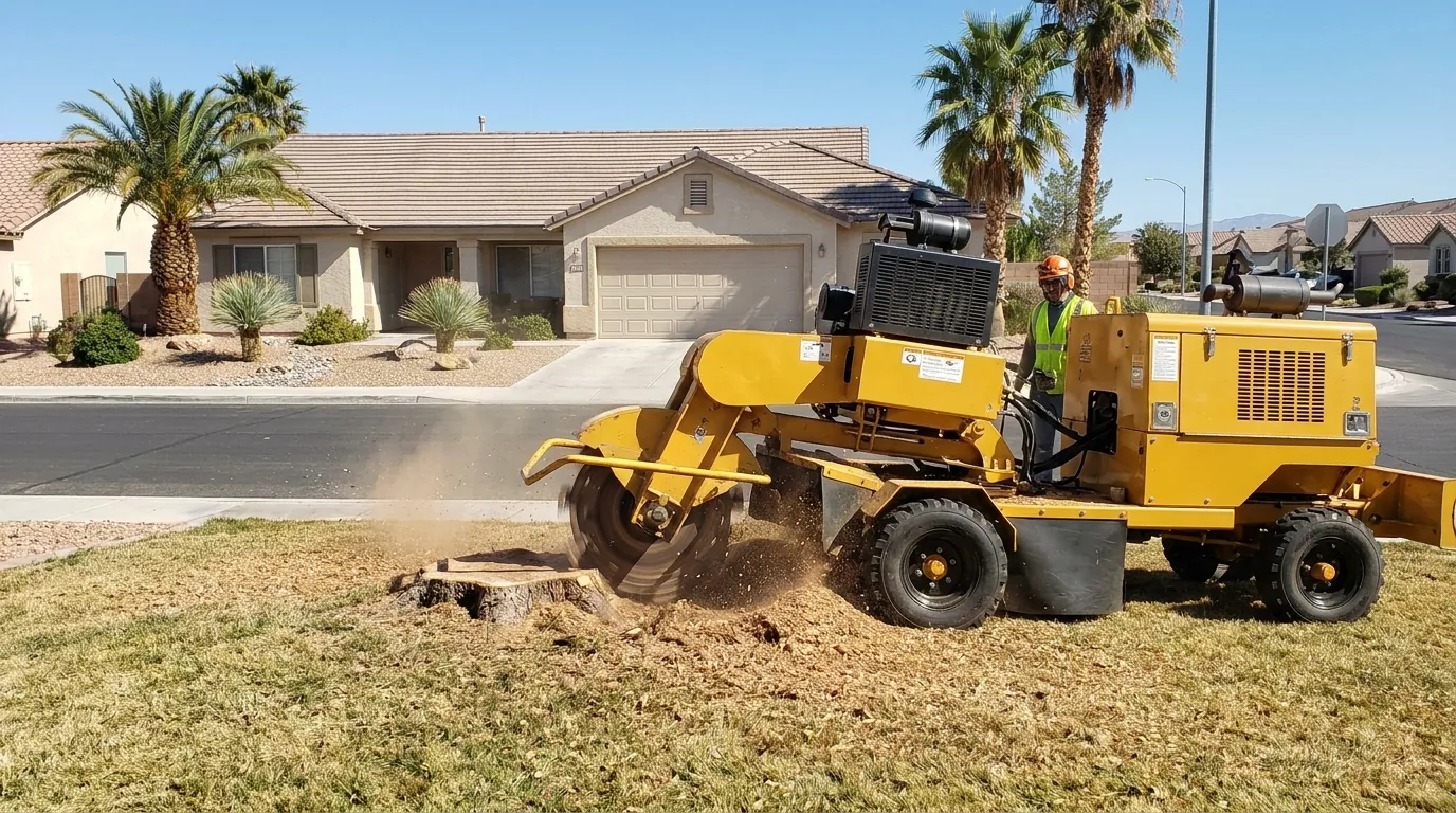 Stump grinder working on a residential lot in Enterprise, NV