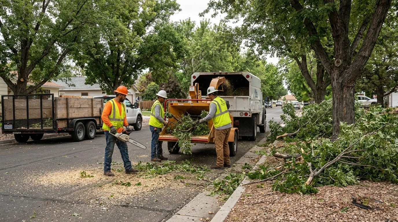 Crew clearing broken tree limbs after a storm in Enterprise, NV