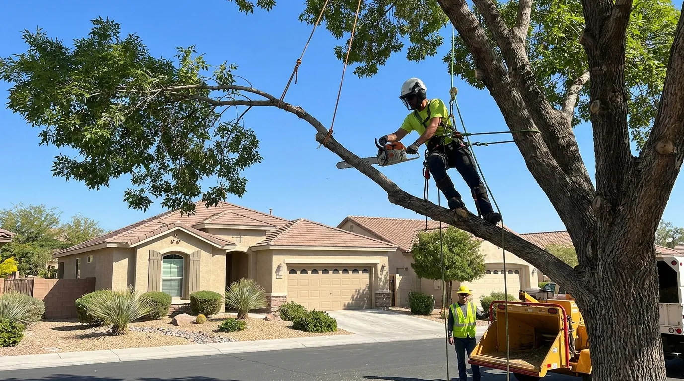 Arborist cutting down a tree near a home in Enterprise, NV